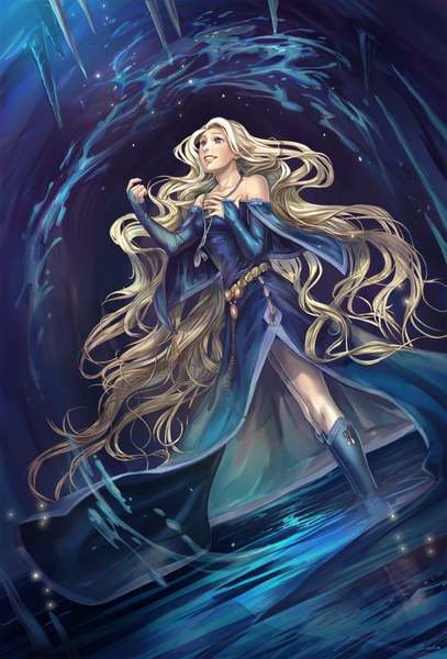 Anime picture 900x1327 with dungeons and dragons razuri-chan single tall image blue eyes blonde hair bare shoulders very long hair pointy ears wavy hair looking up girl dress detached sleeves water boots pendant