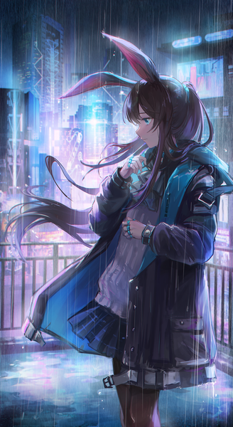 Anime picture 1236x2260 with arknights amiya (arknights) kyusoukyu single long hair tall image fringe blue eyes brown hair animal ears looking away outdoors ponytail profile night open jacket bunny ears city rain girl