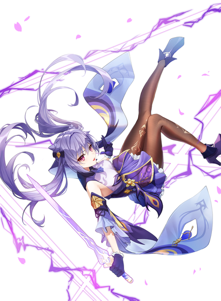Anime picture 1073x1463 with genshin impact keqing (genshin impact) star-ring single long hair tall image looking at viewer fringe breasts open mouth simple background hair between eyes white background purple eyes twintails holding purple hair full body high heels floating hair
