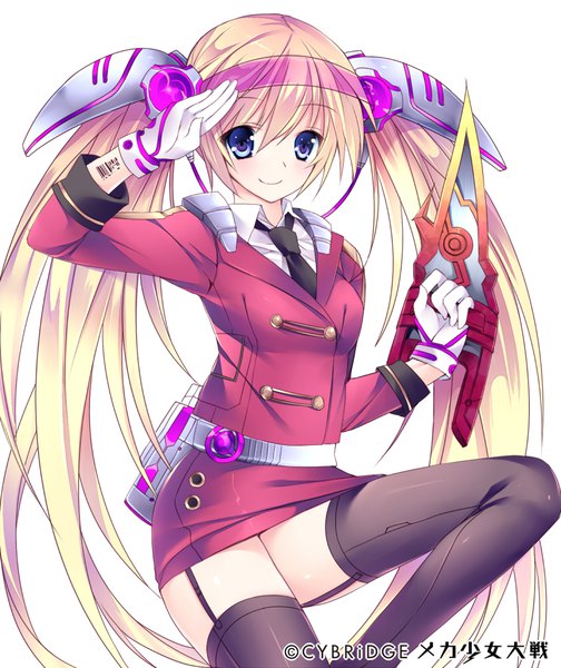 Anime picture 840x999 with original sorai shin'ya single long hair tall image looking at viewer blush fringe blue eyes simple background smile hair between eyes white background twintails holding payot bent knee (knees) leg lift (legs lift) salute girl