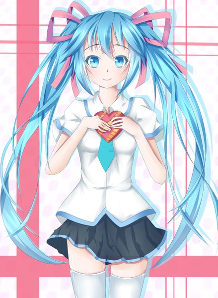 Anime picture 2102x2870 with vocaloid hatsune miku mero (3445036) single tall image looking at viewer blush highres smile twintails very long hair aqua eyes aqua hair valentine girl thighhighs skirt ribbon (ribbons) hair ribbon shirt