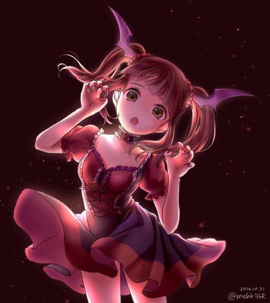 Anime picture 1908x2143 with idolmaster idolmaster cinderella girls ogata chieri nakahara masahiko single tall image looking at viewer blush fringe highres short hair open mouth simple background brown hair standing twintails brown eyes signed payot blunt bangs