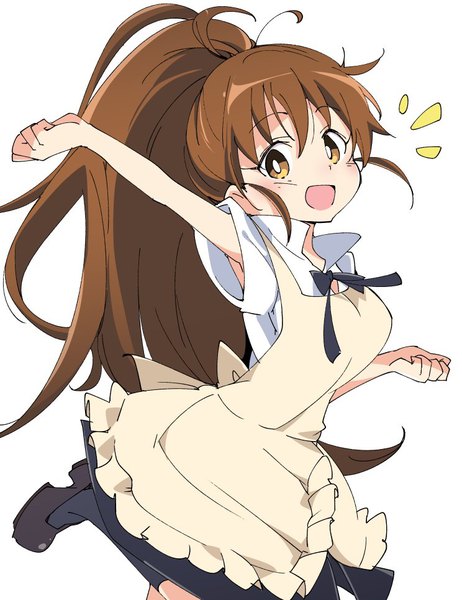 Anime picture 744x966 with working!! a-1 pictures taneshima popura ixy single long hair tall image looking at viewer open mouth simple background brown hair white background brown eyes payot ponytail arm up leg lift (legs lift) waitress girl apron