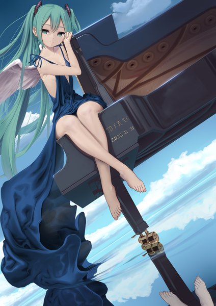 Anime picture 1583x2239 with vocaloid hatsune miku raimeso single long hair tall image looking at viewer fringe light erotic hair between eyes sitting twintails sky cloud (clouds) full body outdoors head tilt barefoot aqua eyes aqua hair