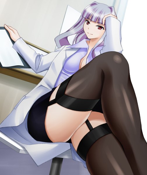 Anime picture 1089x1296 with idolmaster shijou takane tagme (artist) single long hair tall image looking at viewer blush breasts light erotic smile large breasts sitting brown eyes cleavage silver hair open clothes arm support legs crossed legs