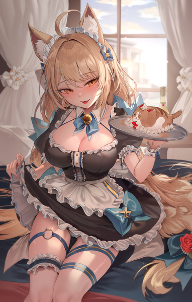 Anime picture 2100x3300 with original zerocat single long hair tall image looking at viewer blush fringe highres breasts light erotic hair between eyes large breasts sitting animal ears ahoge indoors head tilt cat ears short sleeves
