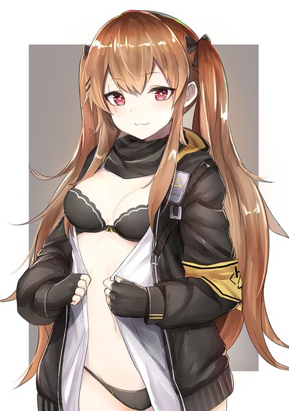 Anime picture 800x1135 with girls frontline ump9 (girls frontline) luse maonang single long hair tall image looking at viewer blush light erotic simple background smile red eyes brown hair white background twintails grey background open jacket girl gloves underwear