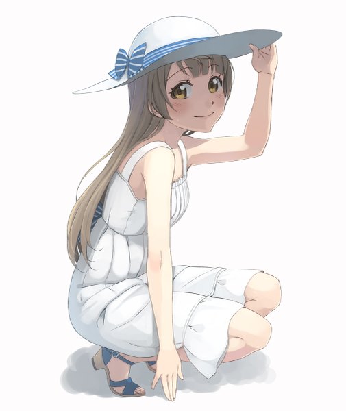Anime picture 1011x1200 with love live! school idol project sunrise (studio) love live! minami kotori getsumen (artist) single long hair tall image looking at viewer blush smile brown hair white background sitting bare shoulders brown eyes sunlight shadow squat girl