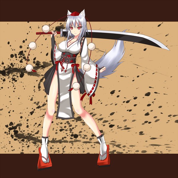 Anime picture 2000x2000 with touhou inubashiri momiji gmot single looking at viewer highres short hair red eyes animal ears white hair traditional clothes japanese clothes animal tail kourindou tengu costume girl weapon hat sword socks white socks