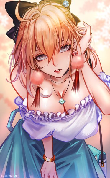 Anime picture 575x923 with fate (series) fate/grand order okita souji (fate) (all) marchab 66 single tall image looking at viewer fringe short hair breasts light erotic simple background hair between eyes large breasts bare shoulders signed ahoge parted lips off shoulder leaning