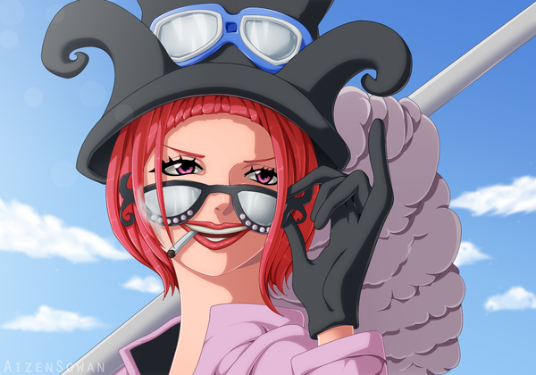 Anime picture 1400x980 with one piece toei animation belo betty aizen sowan single short hair open mouth holding signed looking away sky cloud (clouds) upper body red hair pink eyes lips teeth fur trim lipstick coloring