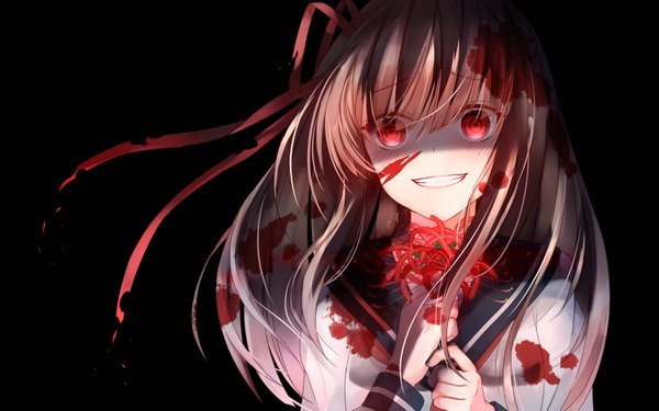 Anime picture 3000x1875 with original sll single long hair looking at viewer blush fringe highres open mouth simple background hair between eyes red eyes brown hair holding upper body blunt bangs head tilt teeth grin black background