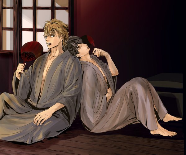 Anime picture 1938x1618 with gintama sunrise (studio) tagme (character) shioaji highres short hair open mouth black hair blonde hair sitting eyes closed japanese clothes barefoot head on another's shoulder boy earrings fan yukata