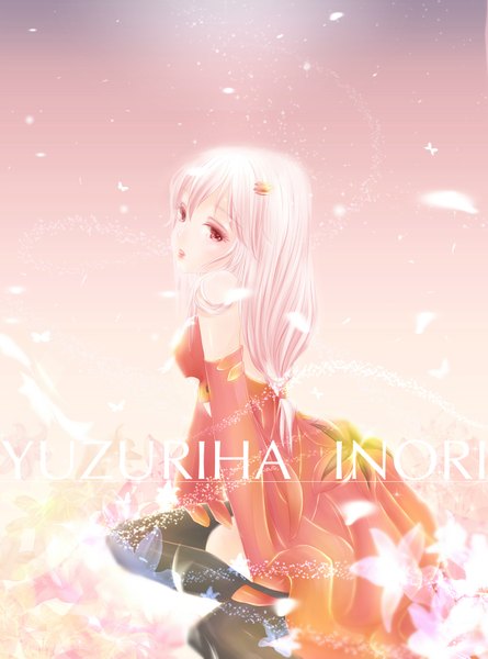 Anime picture 2551x3437 with guilty crown production i.g yuzuriha inori single long hair tall image highres red eyes pink hair girl thighhighs hair ornament flower (flowers) black thighhighs detached sleeves petals hairclip