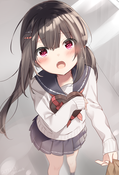 Anime picture 946x1392 with original mafuyu (chibi21) single long hair tall image looking at viewer blush fringe open mouth hair between eyes red eyes brown hair twintails holding signed payot pleated skirt from above :o fang (fangs)
