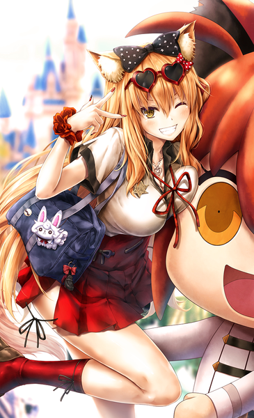 Anime picture 744x1223 with fate (series) fate/grand order fate/extra ccc fox tail fujimaru ritsuka (female) fou (fate) suzuka gozen (fate) suien single long hair tall image looking at viewer blush fringe breasts blonde hair smile hair between eyes animal ears yellow eyes payot