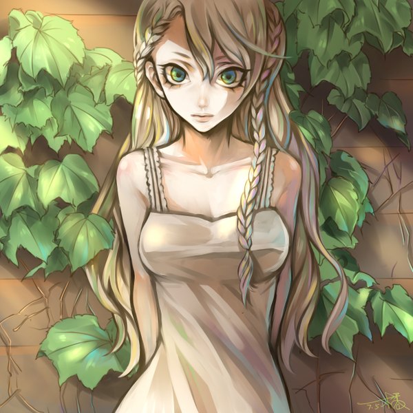 Anime picture 1300x1300 with original fan ju single long hair looking at viewer highres blonde hair bare shoulders green eyes braid (braids) lips sleeveless hands behind back against wall girl dress plant (plants) wall