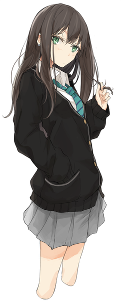 Anime picture 725x1796 with idolmaster idolmaster cinderella girls shibuya rin miruto netsuki single long hair tall image looking at viewer simple background brown hair white background green eyes pleated skirt hand in pocket girl skirt uniform school uniform miniskirt shirt