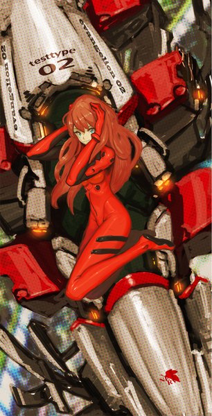 Anime picture 1080x2116 with neon genesis evangelion gainax soryu asuka langley saitom single long hair tall image blue eyes brown hair kneeling mechanical nerv girl bodysuit pilot suit