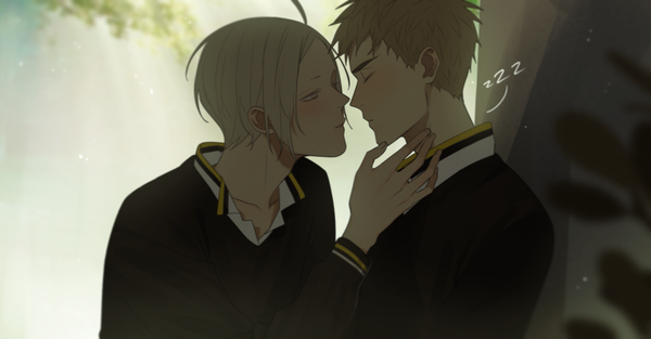 Anime picture 1920x1003 with 19 days jian yi zhan zheng xi e7 (runaway162) blush highres short hair blonde hair brown hair wide image looking away upper body ahoge eyes closed parted lips profile multiple boys grey eyes sleeping face to face