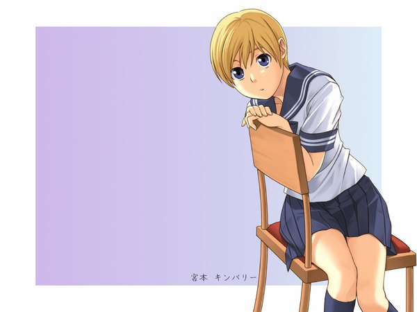 Anime picture 1024x768 with original short hair blonde hair girl uniform school uniform chair