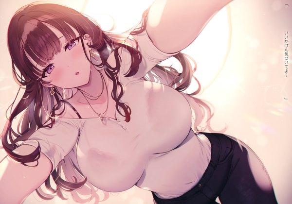 Anime picture 5020x3517 with original kat (bu-kunn) single long hair looking at viewer blush fringe highres breasts open mouth light erotic brown hair large breasts purple eyes absurdres blunt bangs scan off shoulder from below short sleeves