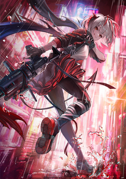 Anime picture 1233x1750 with arknights w (arknights) kyusoukyu single tall image looking at viewer short hair red eyes silver hair full body outdoors nail polish looking back horn (horns) city rain trigger discipline girl gloves weapon