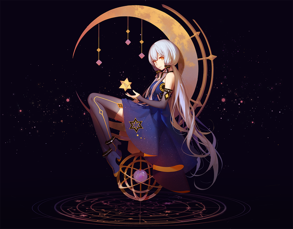 Anime picture 1200x936 with vocaloid xingchen ask (askzy) single long hair looking at viewer simple background sitting bare shoulders yellow eyes silver hair full body bent knee (knees) long sleeves very long hair light smile shadow black background hair over shoulder tress ribbon