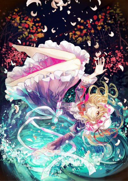 Anime picture 1000x1416 with touhou maribel hearn vima single long hair tall image fringe bent knee (knees) traditional clothes japanese clothes barefoot bare legs orange eyes legs outstretched arm looking up upside down falling girl bow