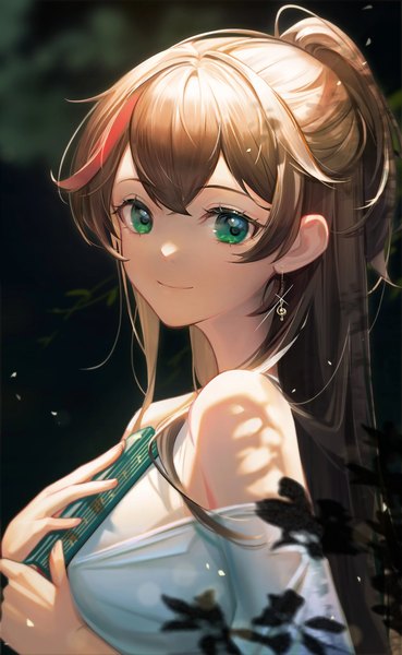 Anime picture 1500x2436 with crazy ones su xiaoye single long hair tall image looking at viewer fringe brown hair holding green eyes payot upper body ponytail multicolored hair light smile blurry off shoulder official art sparkle streaked hair