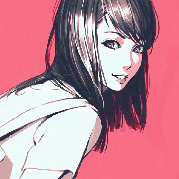 Anime picture 900x900 with original ilya kuvshinov single long hair looking at viewer fringe simple background lips short sleeves leaning leaning forward monochrome pink background pale skin girl