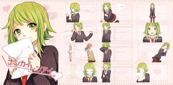 Anime picture 1312x650 with vocaloid gumi tama (songe) blush short hair open mouth wide image green eyes green hair multiple persona girl skirt necktie paper