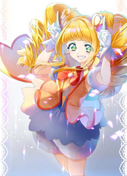 Anime picture 2407x3341 with precure healin' good precure toei animation hiramitsu hinata cure sparkle yuutarou (fukiiincho) single long hair tall image looking at viewer fringe highres blonde hair smile twintails green eyes payot blunt bangs grin drill hair