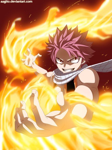 Anime picture 1000x1337 with fairy tail natsu dragneel aagito single tall image short hair smile red eyes pink hair sleeveless grin coloring magic muscle boy scarf fire