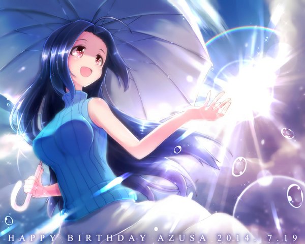 Anime picture 956x765 with idolmaster miura azusa ima (lm ew) single long hair open mouth smile red eyes sky purple hair cloud (clouds) ahoge :d looking back sunlight rain girl umbrella sweater water drop