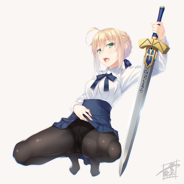 Anime picture 1280x1280 with fate (series) fate/stay night artoria pendragon (all) saber kazushiki midori single looking at viewer fringe short hair open mouth light erotic simple background blonde hair hair between eyes white background green eyes signed payot full body ahoge