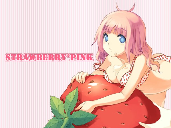 Anime picture 1024x768 with cuteg blue eyes light erotic pink hair wallpaper underwear panties food lingerie bra berry (berries) strawberry