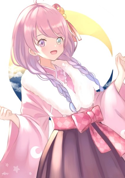 Anime picture 724x1024 with virtual youtuber hololive himemori luna himemori luna (new year) kageno 96 single long hair tall image looking at viewer open mouth pink hair ahoge braid (braids) traditional clothes :d japanese clothes fur trim heterochromia twin braids official alternate costume