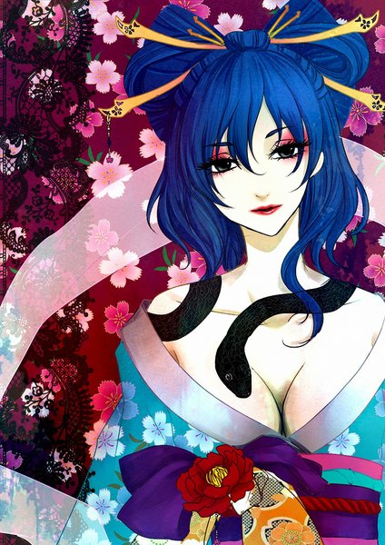 Anime picture 724x1024 with touhou kaku seiga kyogoku-uru single long hair tall image looking at viewer breasts blue hair cleavage traditional clothes japanese clothes black eyes tattoo floral print alternate hairstyle makeup floral background girl hair ornament