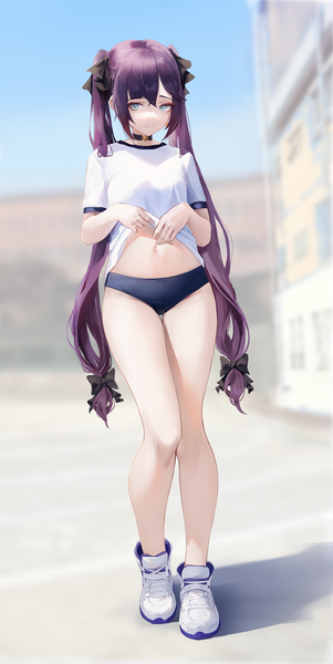 Anime picture 1500x2993 with genshin impact mona megistus leviathan (hikinito0902) single long hair tall image looking at viewer fringe light erotic hair between eyes standing twintails payot sky purple hair full body outdoors aqua eyes blurry short sleeves