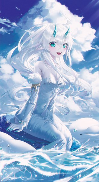 Anime picture 2500x4563 with original okazu (eightstudio) single long hair tall image looking at viewer blush fringe highres breasts open mouth blue eyes light erotic smile hair between eyes sitting bare shoulders payot sky cleavage
