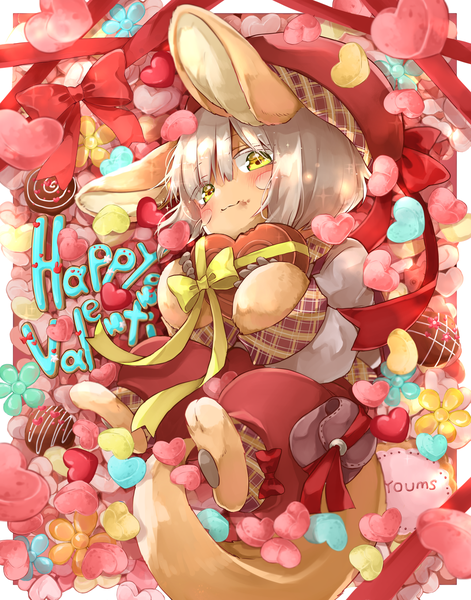 Anime picture 1536x1955 with made in abyss kinema citrus nanachi (made in abyss) mumu yu mu single tall image looking at viewer blush short hair smile signed animal ears yellow eyes white hair tail lying on back bunny ears eating :3