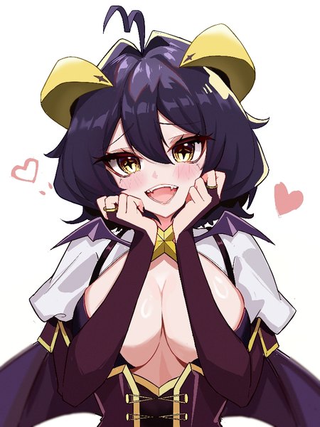 Anime picture 750x1000 with mahou shoujo ni akogarete hiiragi utena magia baiser hais single tall image looking at viewer fringe short hair breasts open mouth light erotic black hair hair between eyes large breasts yellow eyes upper body ahoge :d horn (horns)