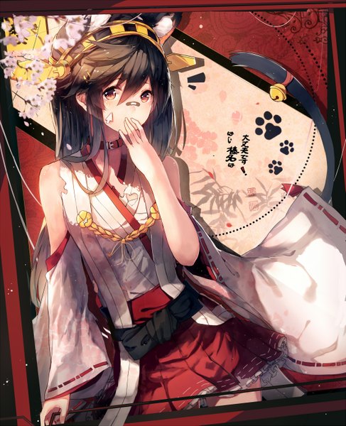 Anime picture 1123x1385 with kantai collection haruna battleship hadean92 single long hair tall image looking at viewer black hair red eyes animal ears tail traditional clothes japanese clothes animal tail cat ears cat tail hand to mouth kemonomimi mode nontraditional miko bandaid on nose