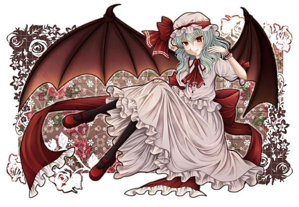 Anime picture 1049x728 with touhou remilia scarlet akatuki taku (artist) single short hair red eyes blue hair girl dress flower (flowers) wings shoes