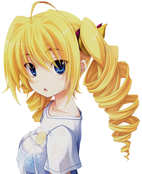 Anime picture 983x1200 with highschool dxd ravel phenex miyama zero single long hair tall image looking at viewer fringe breasts open mouth blue eyes light erotic blonde hair hair between eyes upper body ahoge looking back short sleeves drill hair eyebrows