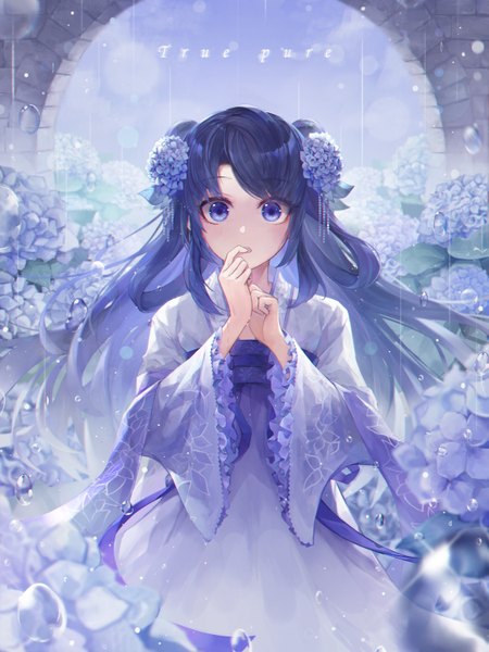 Anime picture 4500x6000 with original crystalherb single long hair tall image looking at viewer blush fringe highres blue eyes standing payot blue hair absurdres sky outdoors traditional clothes hair flower wide sleeves hair bun (hair buns)