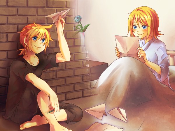 Anime picture 1200x900 with vocaloid kagamine rin kagamine len blue eyes blonde hair brick wall girl boy flower (flowers) rose (roses) blue rose room blanket vase pencil letter paper airplane