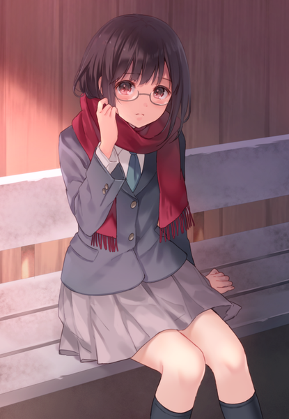 Anime picture 557x805 with original fukahire (ruinon) single tall image looking at viewer short hair black hair red eyes girl uniform school uniform socks glasses scarf black socks red scarf