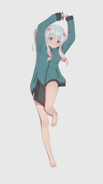 Anime picture 1198x2116 with eromanga sensei a-1 pictures izumi sagiri maredoro single long hair tall image fringe blue eyes light erotic looking away silver hair full body bent knee (knees) lying barefoot arms up girl stylus drawing tablet